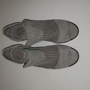New, never worn Vince Camuto gray suede, cut out, open toe, heeled booties.